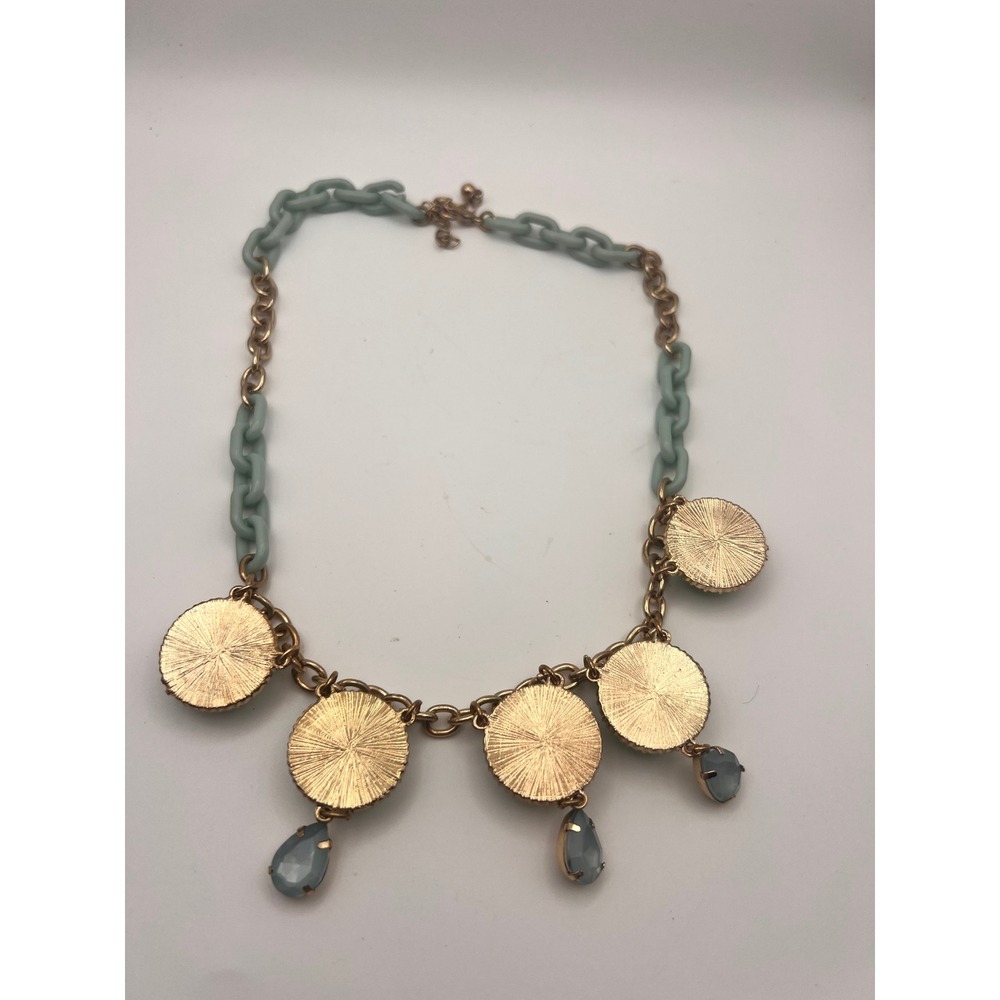 Mint Green Rose Rhinestone Statement Necklace Gold Tone Blue Teardrop Charms - Picture 6 of 9